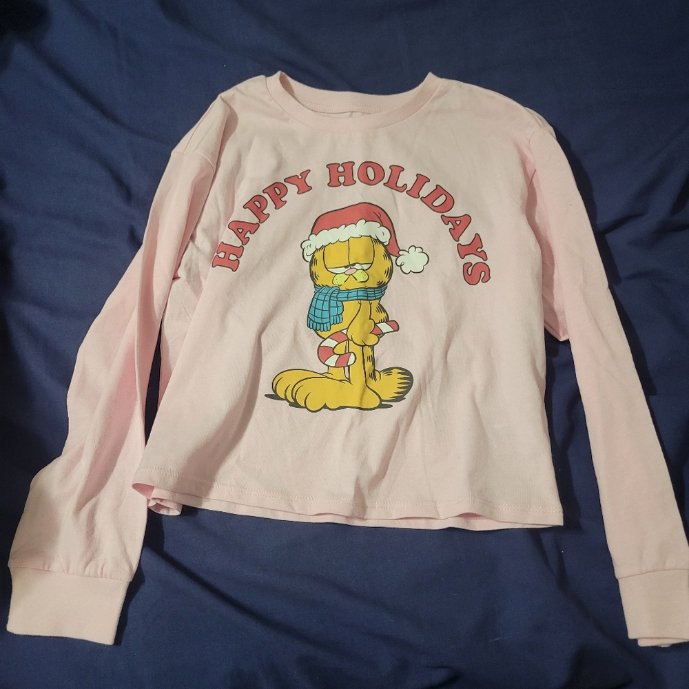 Girls Garfield Happy Holidays Long Sleeve Top Size 7/8 Semi Crop Christmas Shirt